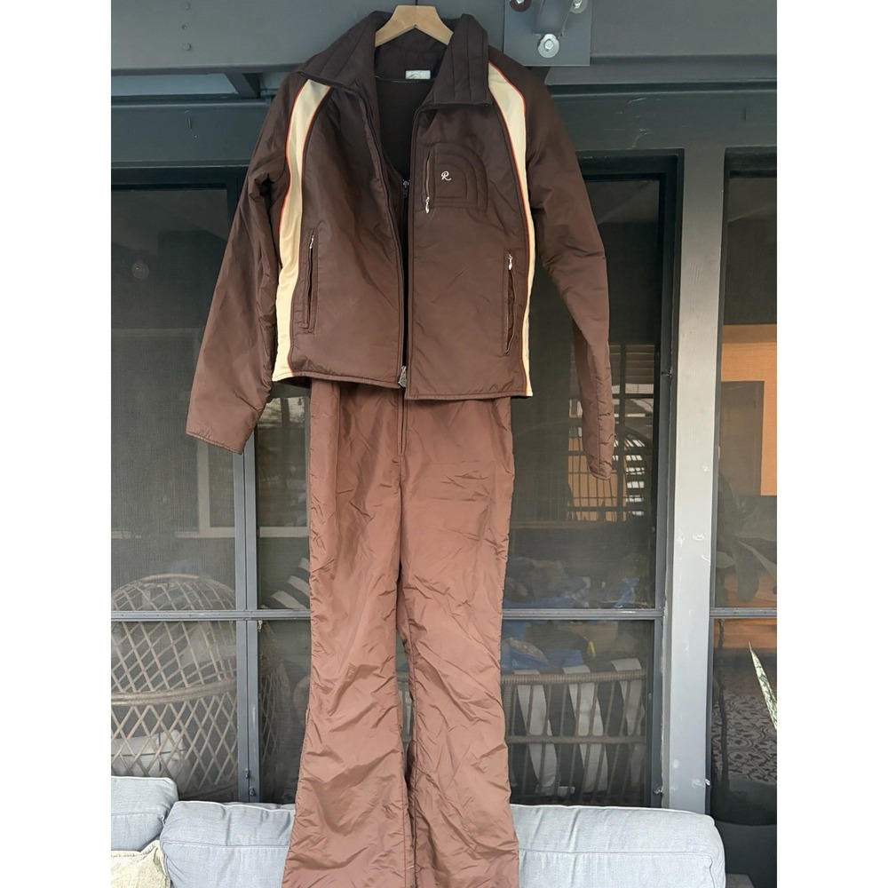 Vintage 80s Roffe Ski Suit Set Brown 2 Piece Jacket Bib Pants USA Made M/L